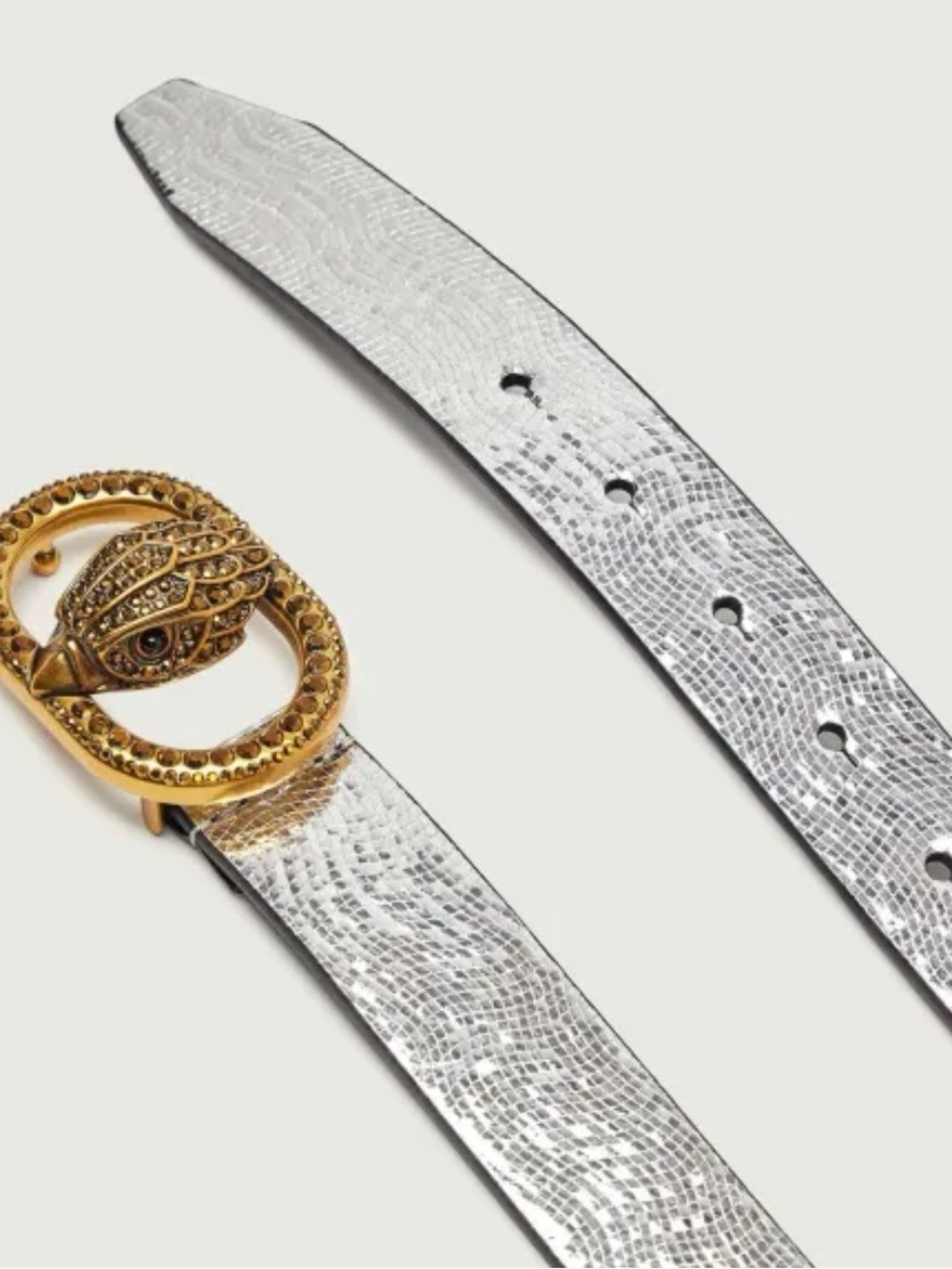 Kurt Geiger Metallic Silver Belt with Iconic Gold Embellished BirdBuckle